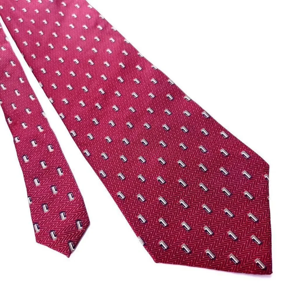 Nautica Red Silk Tie Woven Short Wide‎ Geometric Herringbone